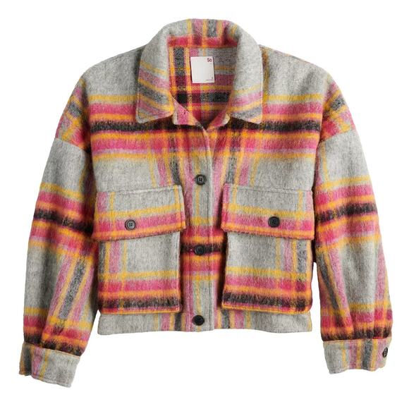 So Cropped Plaid Shacket Pink/Gray - M - Picture 2 of 8